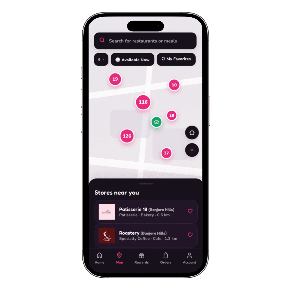 DEMI iOS App Mockup showcasing nearby food deals and map in Hyderabad